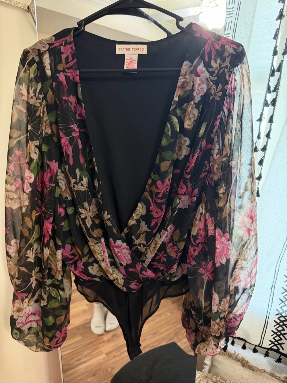 Flying Tomato Black Floral Wrap Bodysuit in Pink & Green - sheer sleeves
